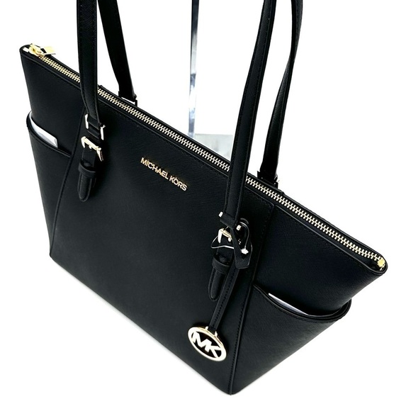 Michael Kors Large Charlotte Tote Bag Luggage Leather Black (NWT) - Picture 6 of 12